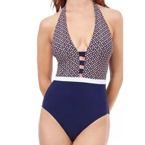 Gottex Other - Profile by Gottex Sz 10 Swimsuit Let It Be Halter One Piece Blue White Beach